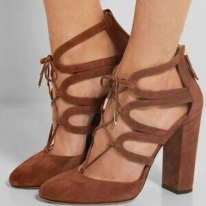 Aquazzura Brown Suede Lace Up Block Heel Pumps Size 38